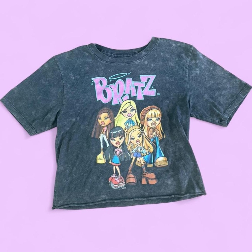 Bratz black/gray acid wash cropped tee with graphic of five Bratz dolls